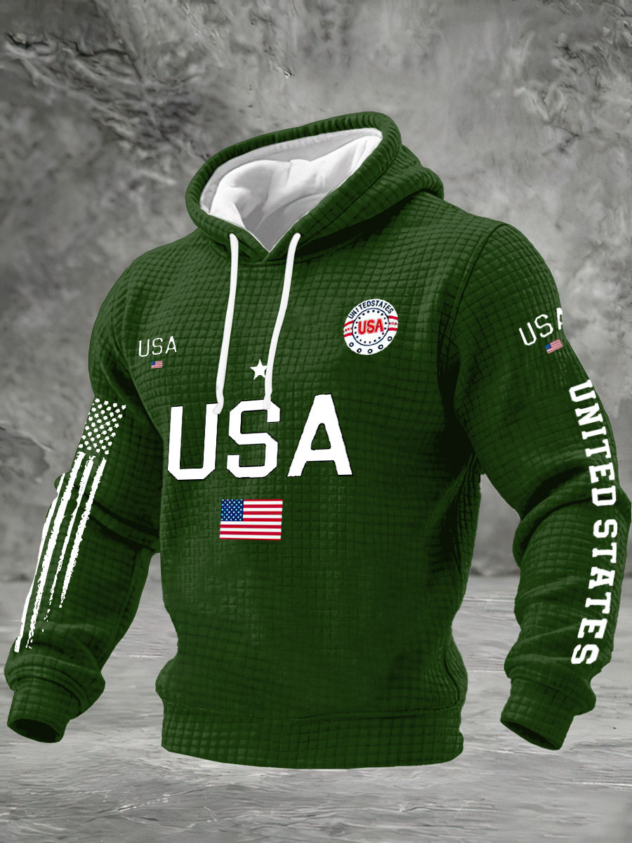 Men's Waffle American Flag Print Hooded Casual Sports Sweatshirt
