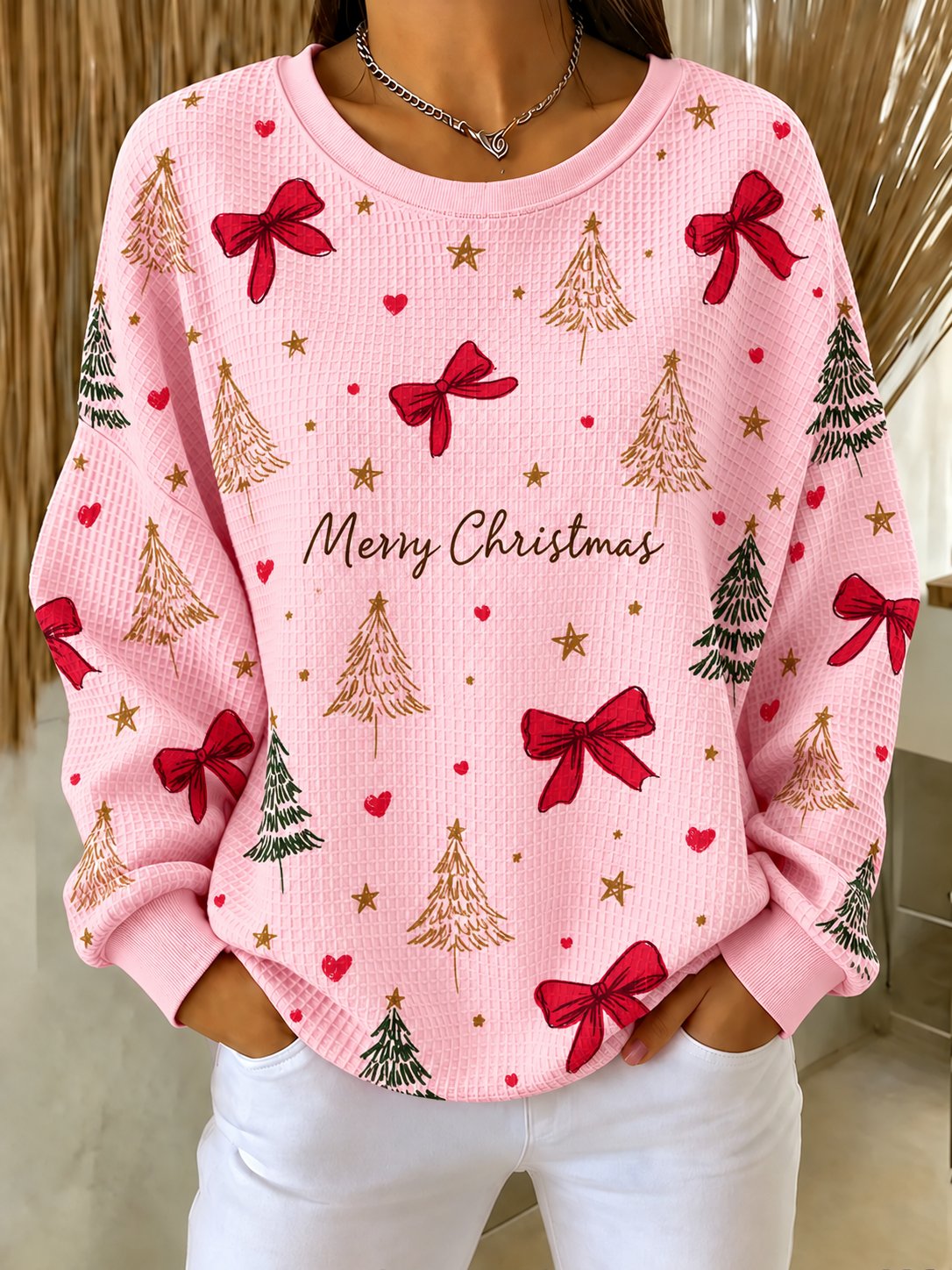Women's Christmas Tree And Bow Printed Casual Sweatshirt