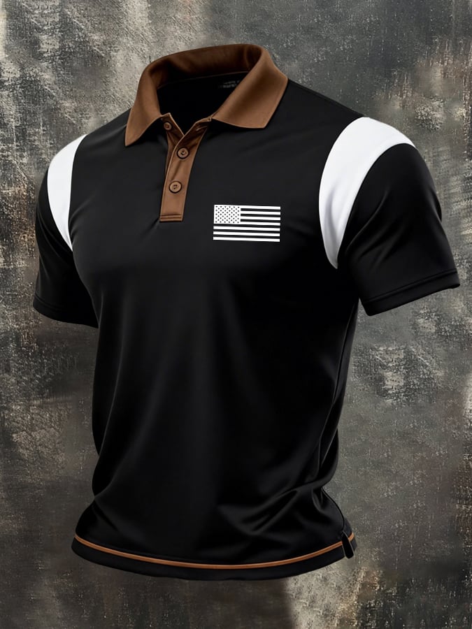 Men's Retro Patriot Color Block Polo Collar Short Sleeve