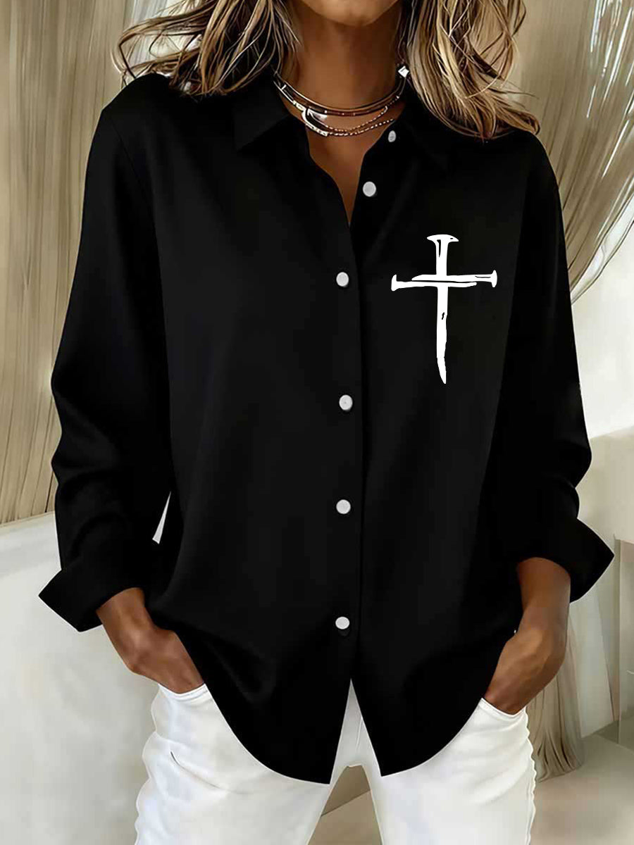 Women's Faith Over Fear Print Casual Cotton Linen Shirt
