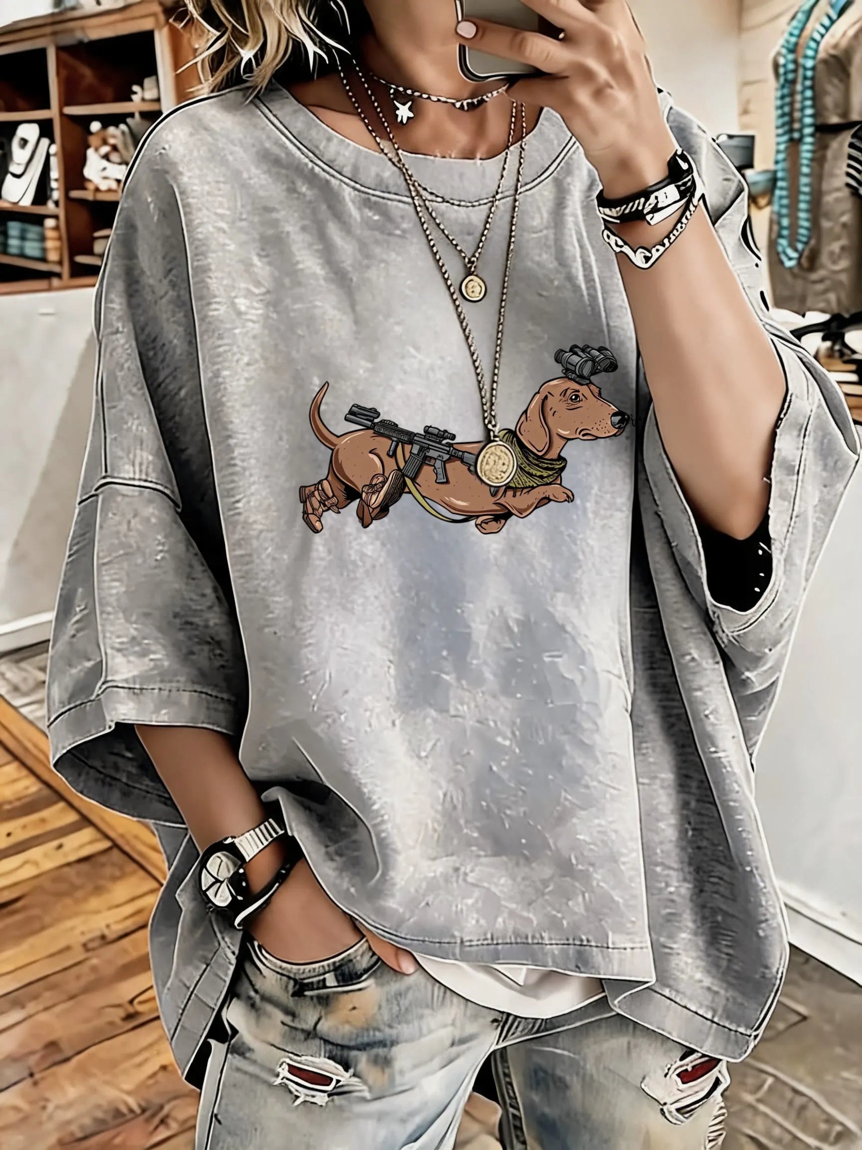 Women'S Vintage Distressed Washed Tactical Wiener Oversized T-Shirt