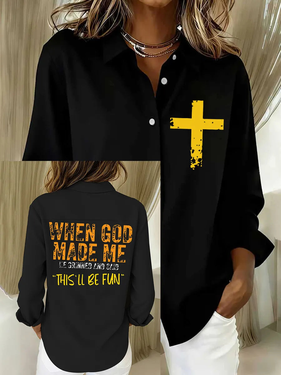 Women's When God Made Me This`s All Be Fun Print Casual Cotton Linen Shirt