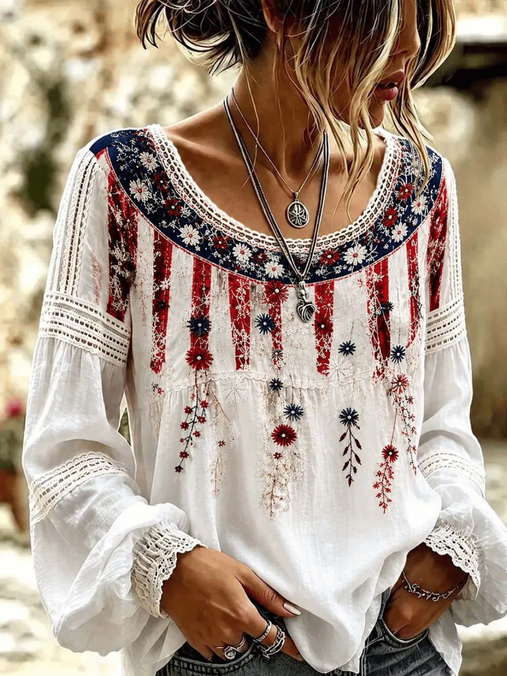 Women's Retro Breast Cancer Floral Print Long-Sleeved Top