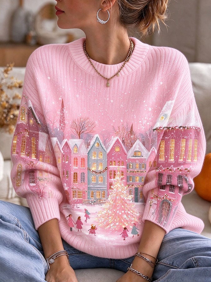 Lässiges rosa Stricktop mit Weihnachtsmuster für Damen