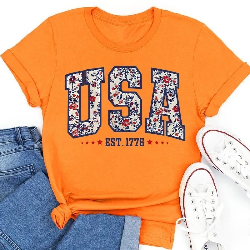 Retro Floral USA Cotton T-Shirt