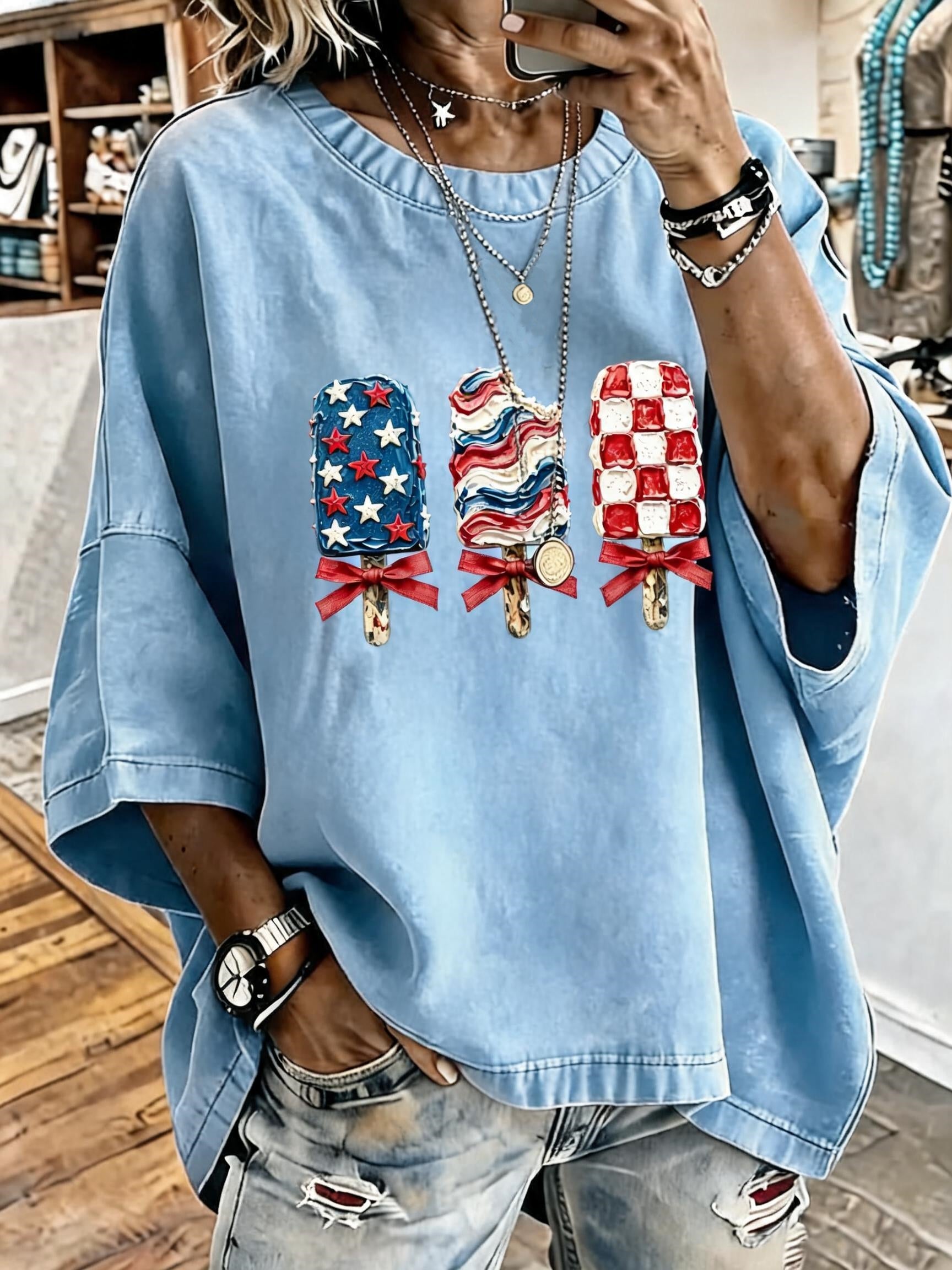 Women's Vintage Distressed Washed Ice Cream Printed Oversized T-Shirt