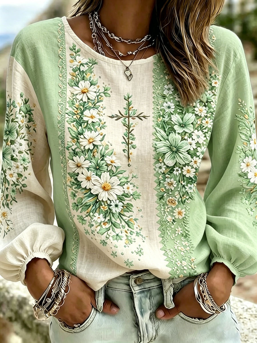 Women'S Casual Floral  Faith Print Cotton Linen Top