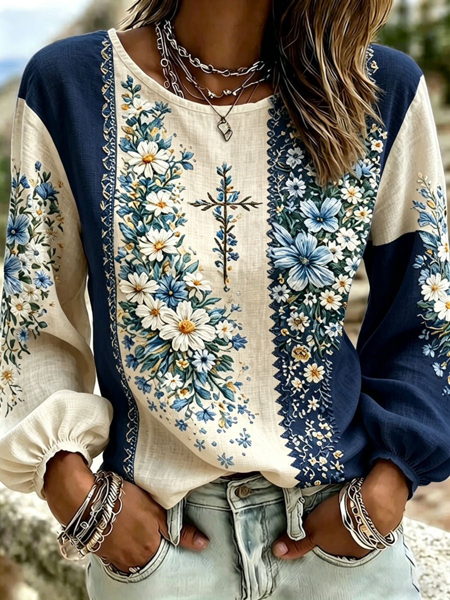 Women'S Casual Floral  Faith Print Cotton Linen Top