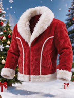 Men's Warm Christmas Jacket with Plush Paneling and Lapel Collar