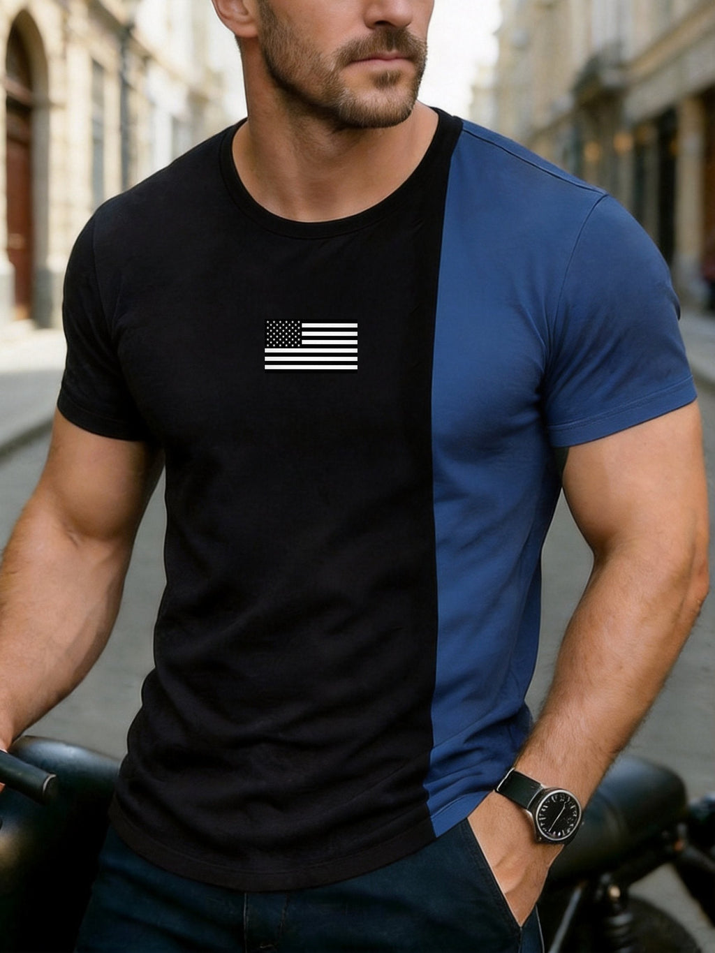 Men's Retro Color-block "Patriot" Crew Neck Short-Sleeve T-Shirt
