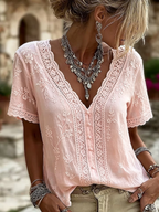Women's White Floral Lace Art Cotton Linen V-Neck Short Sleeved Top