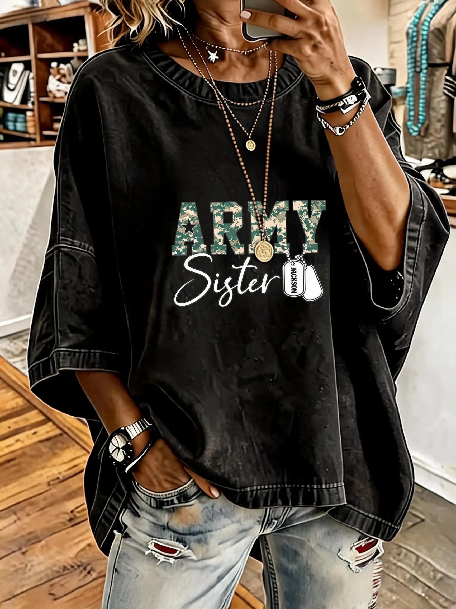 Women's Vintage Distressed Washed Army Sister Oversized T-Shirt