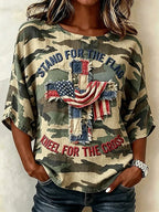 Women'S Flag Printed Casual Round Neck T-Shirt
