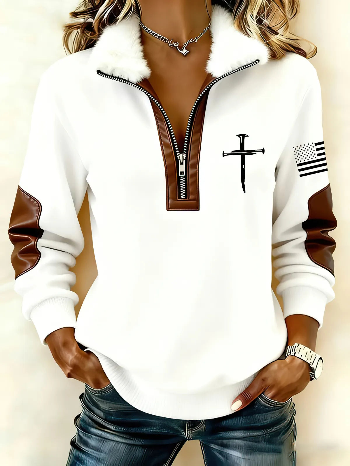 Women's Casual Retro Faith Print Patchwork Fur Collar Long-Sleeve Sweatshirt