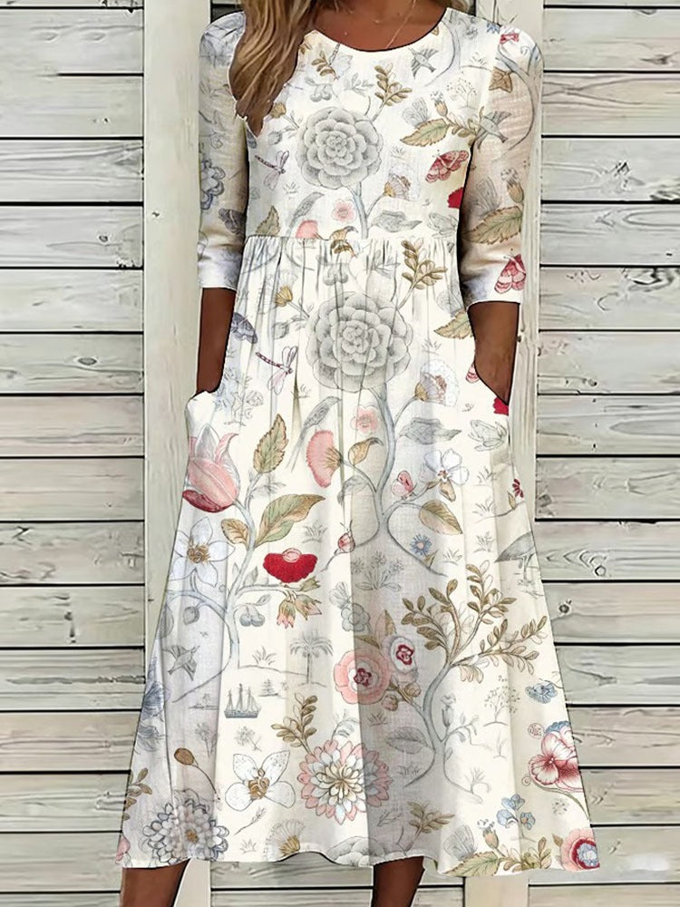 Women'S Casual Plant Flower Art Printed Round Neck Dress