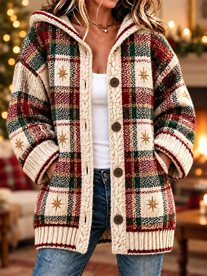 Women'S Vintage Christmas Snowflake Plaid Print Casual Cardigan