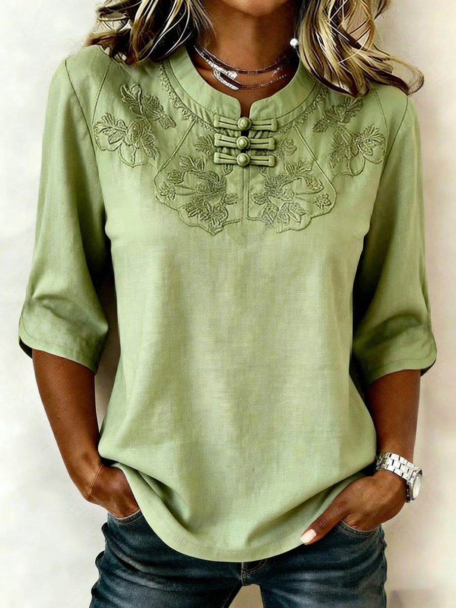 Women's Chinese-Style Floral Art Linen Shirt