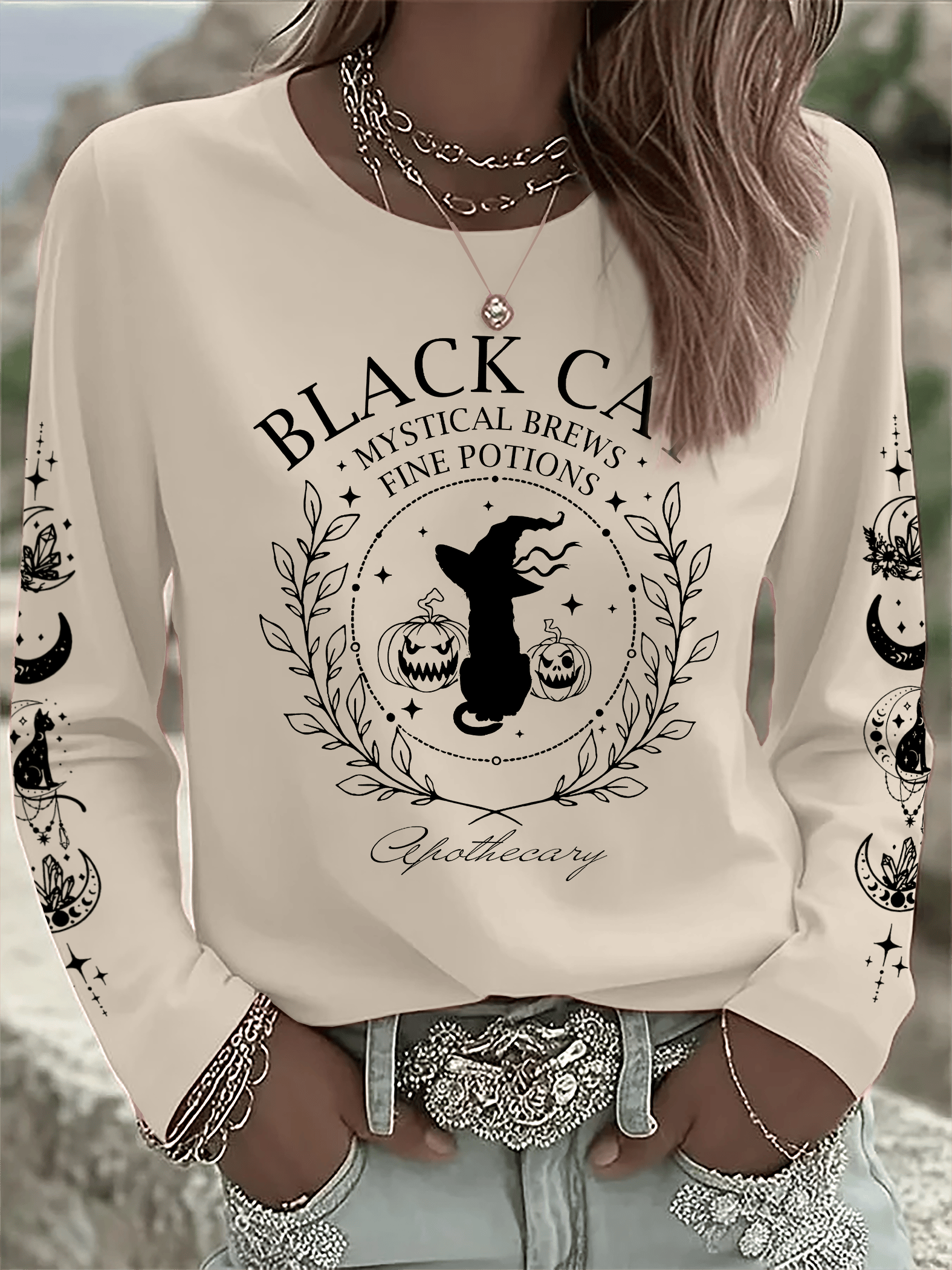 🔥HOT SALE🔥Women's Black Cat Mystical Brews Fine Potions Apothecary Print Long Sleeve T-Shirt