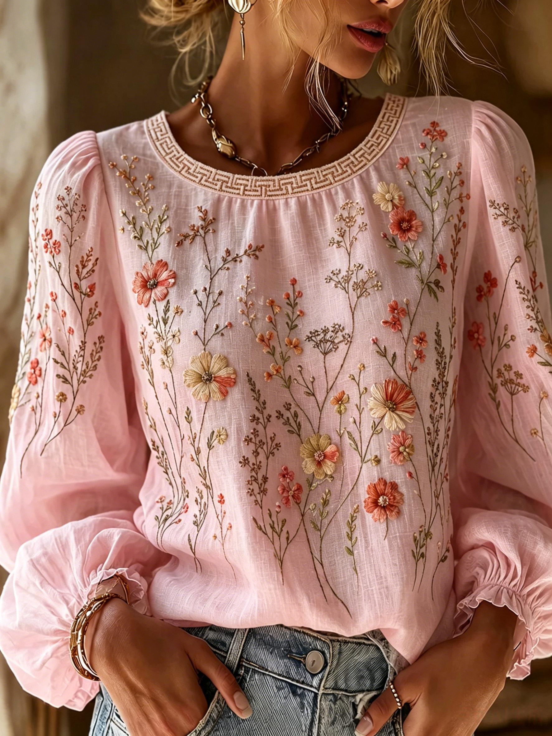 Women'S Floral Printed Casual Cotton And Linen Top