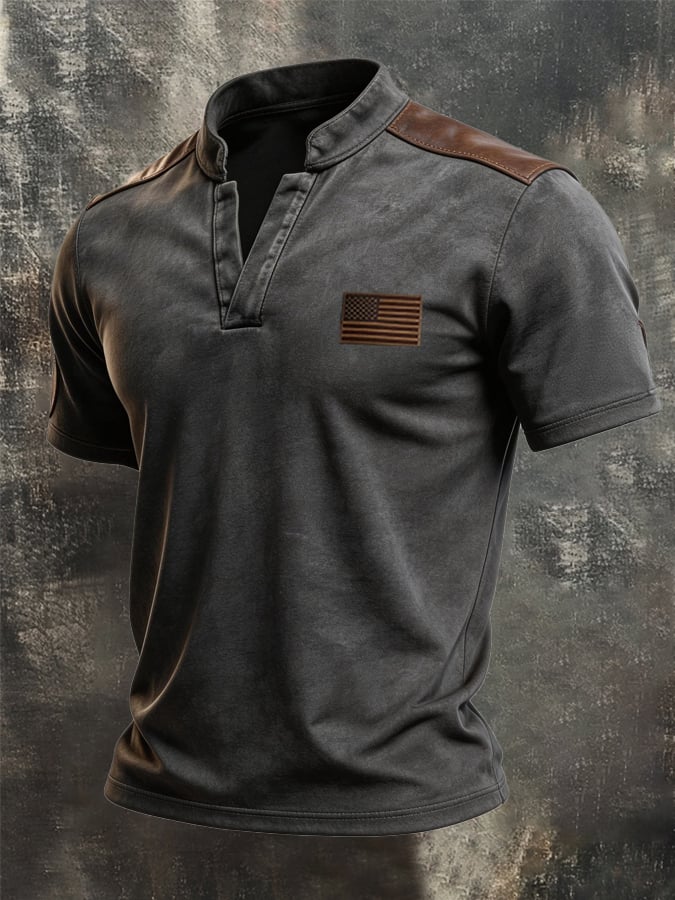 Men's Vintage 100% Cotton T-Shirt with Leather Paneling
