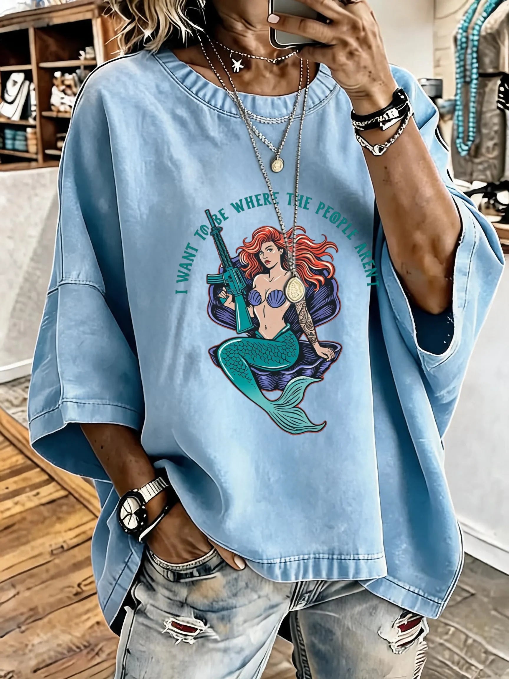 Women'S Vintage Distressed Washed M16 Mermaid Oversized T-Shirt