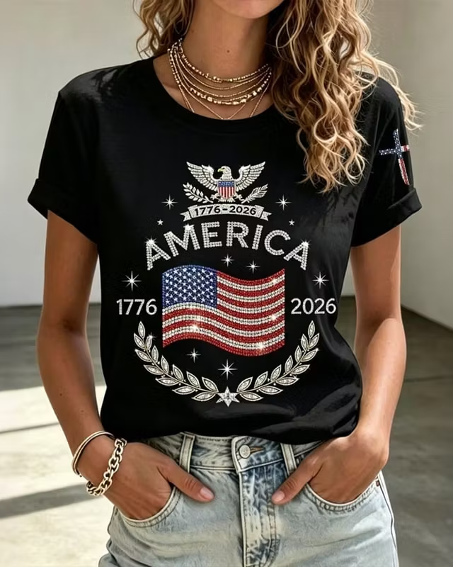 Women's Anniversary Flag Hot Diamond Print Crew Neck Short Sleeve Tshirt