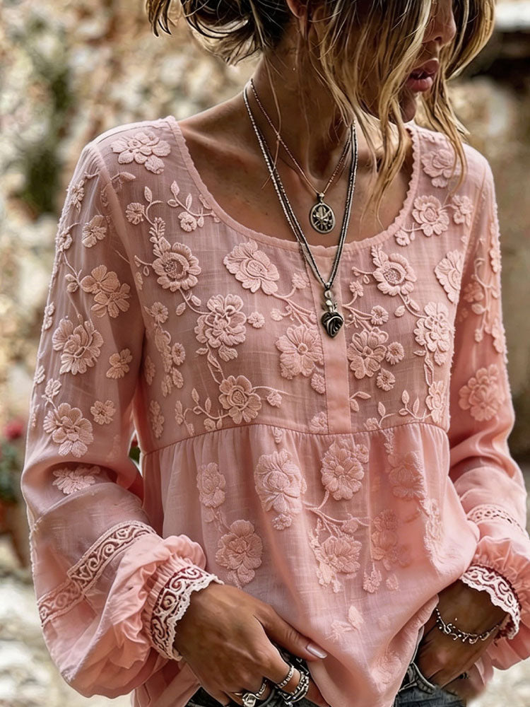 Women's Retro Bohemian Style Plant Embroidered Printed T-shirt