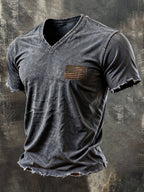Men'S Vintage "Patriot" Pure Cotton Washed & Distressed V-Neck Short-Sleeve T-Shirt