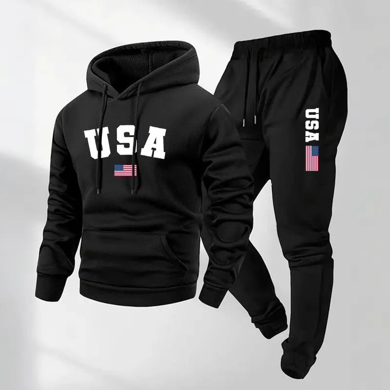 Men's USA Letter Printed Hoodie and Drawstring Sweatpants Set