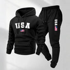 Men's USA Letter Printed Hoodie and Drawstring Sweatpants Set
