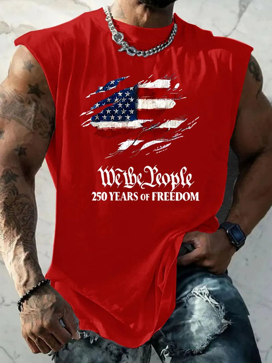 We The People 250 Years Of Freedom Pattern Round Neck 100% Cotton Tank Top