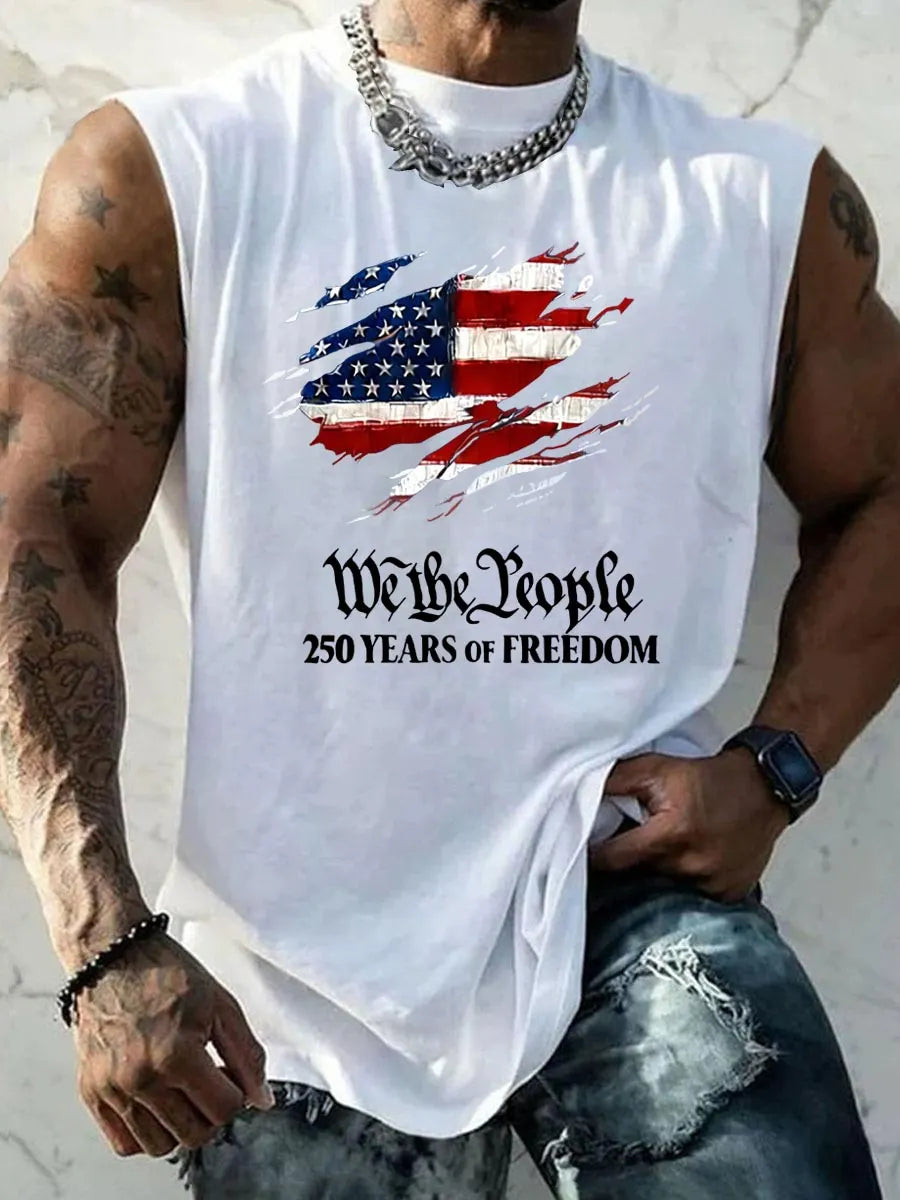 We The People 250 Years Of Freedom Pattern Round Neck 100% Cotton Tank Top