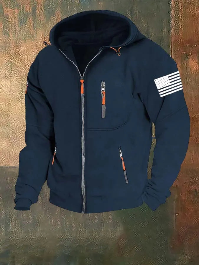 American Flag Fleece Contrast Raglan Zip Pattern Pocket Sweatshirt