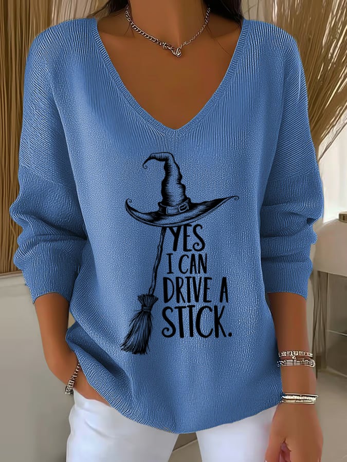 ?Buy 2 Get 10% Off?Women'S Witch "Yes I Can Drive A Stick"  Print Drop Shoulder Sweater