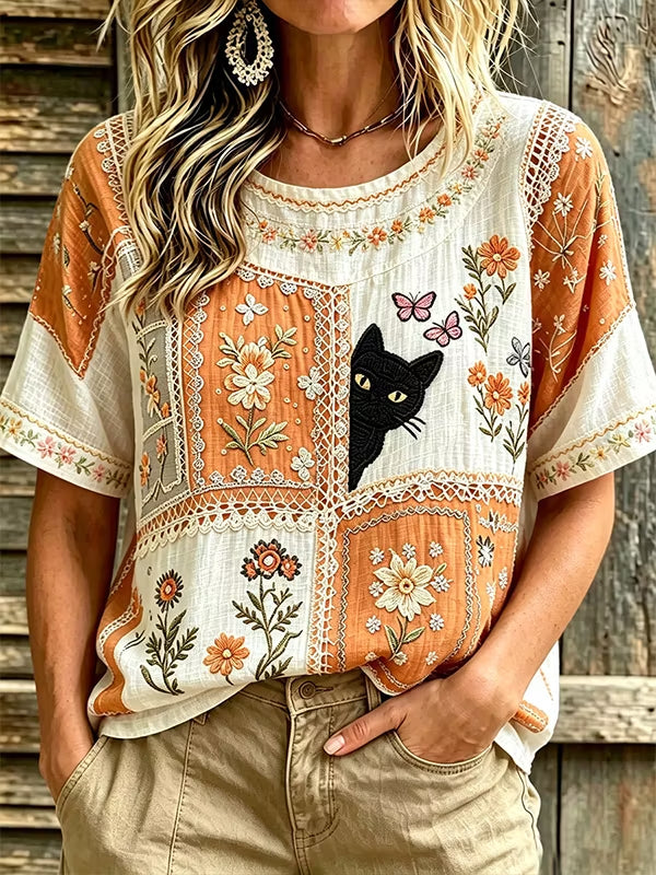 Women's Elegant Hidden Black Cat Cotton-Linen Top