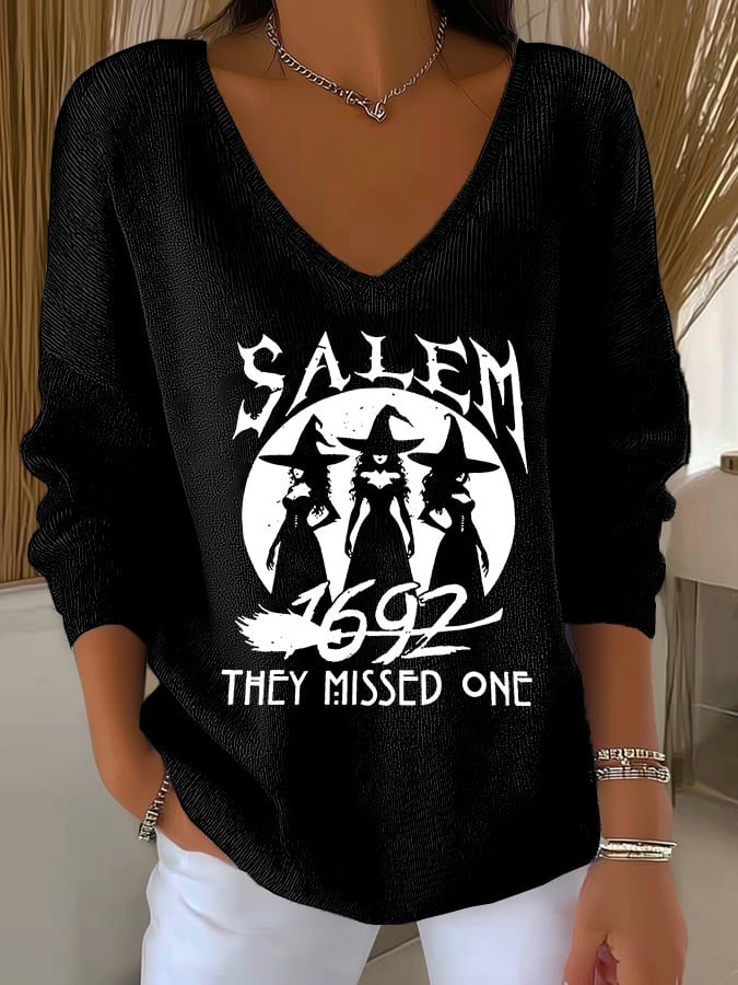 🔥HOT SALE🔥Women's 1692 Salem They Missed One Print V Neck Sweater