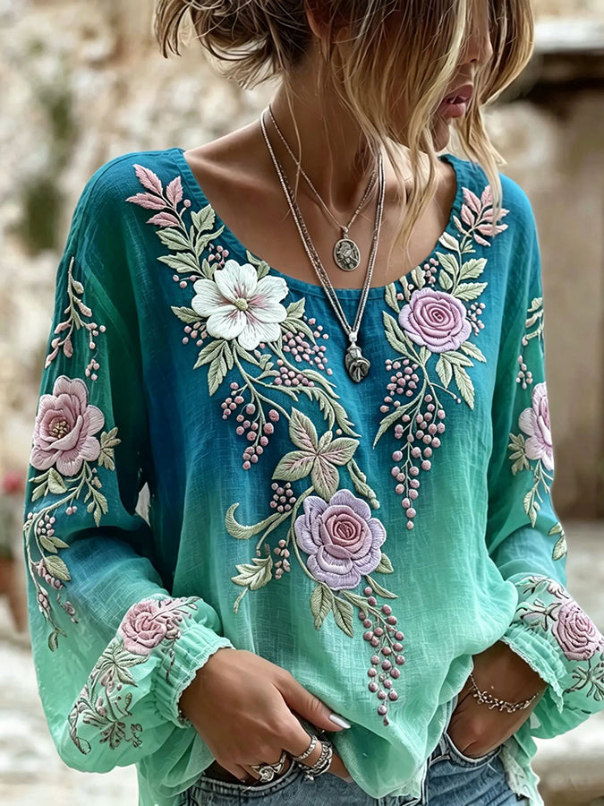 Women's floral fresh round neck top