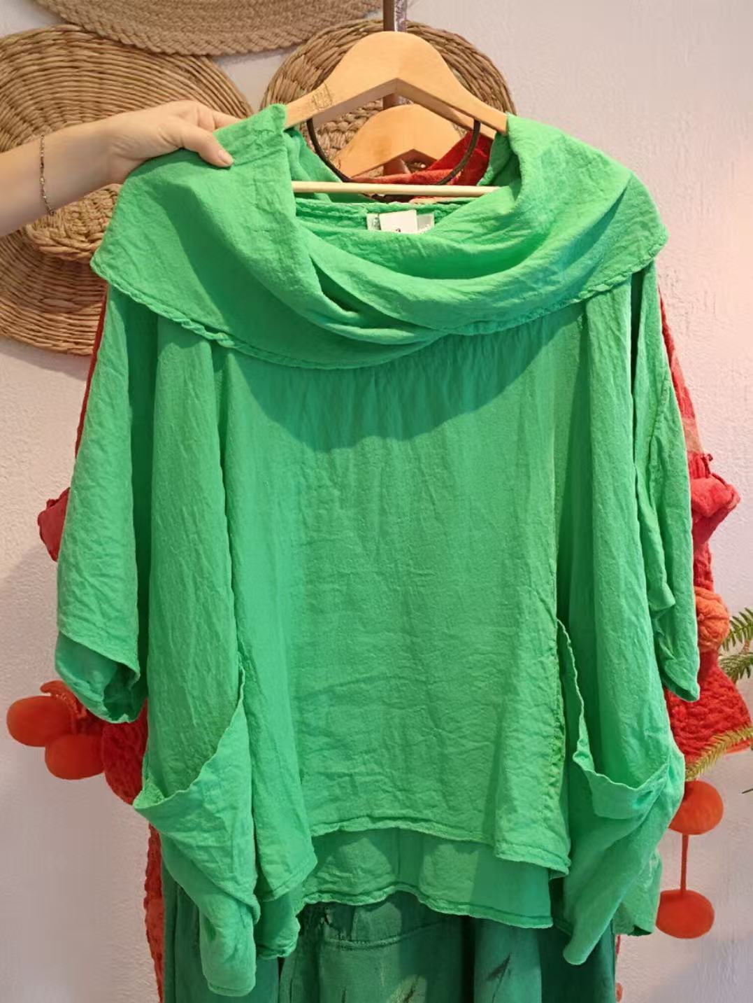 Women's Solid Color Draped Neck 3/4 Sleeve Comfortable Casual Linen Pocket Top