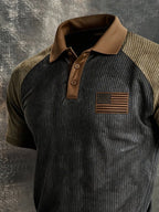 Men's Retro Ribbed Color-Block "Patriot" Polo-Collar Casual T-Shirt