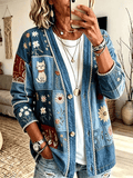 Women's Retro Cat Art Print Casual Cardigan