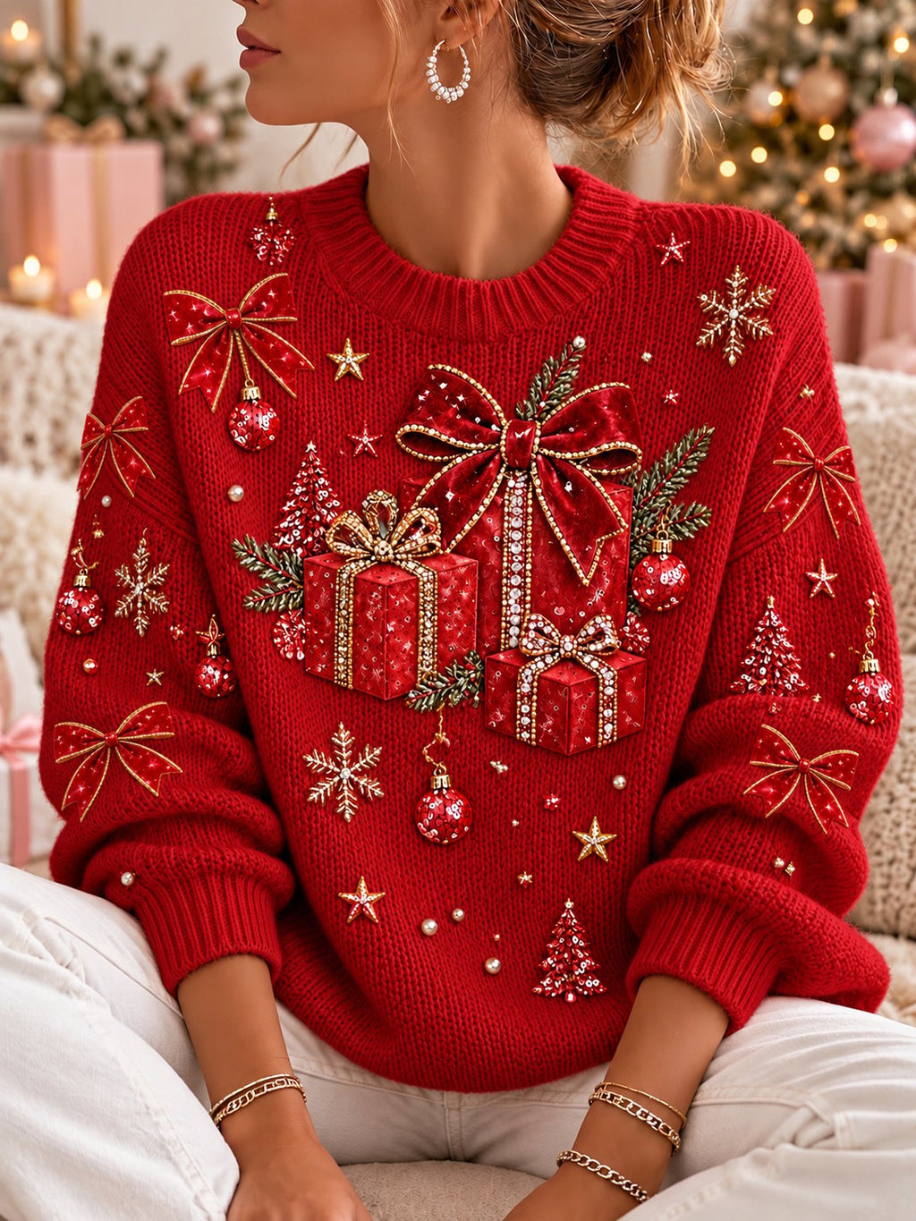 Damen-Sweatshirt mit Weihnachtsmuster, Rundhalsausschnitt und langen Ärmeln