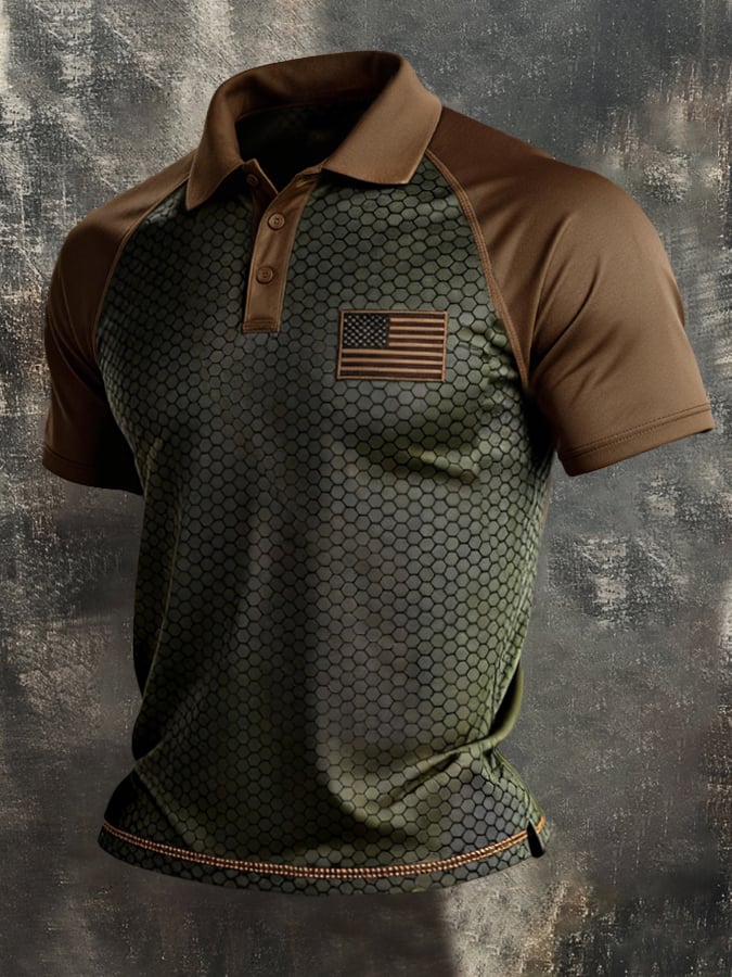 Men's Retro Patriotic Color-Block Short-Sleeve Polo Shirt