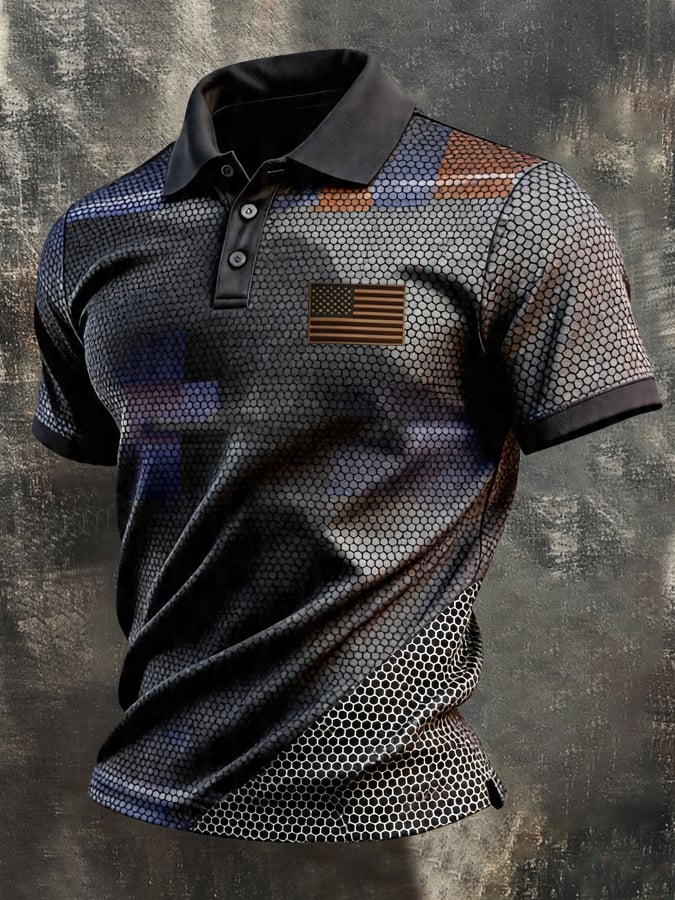 Men's Retro Patriotic Color-Block Short-Sleeve Polo Shirt