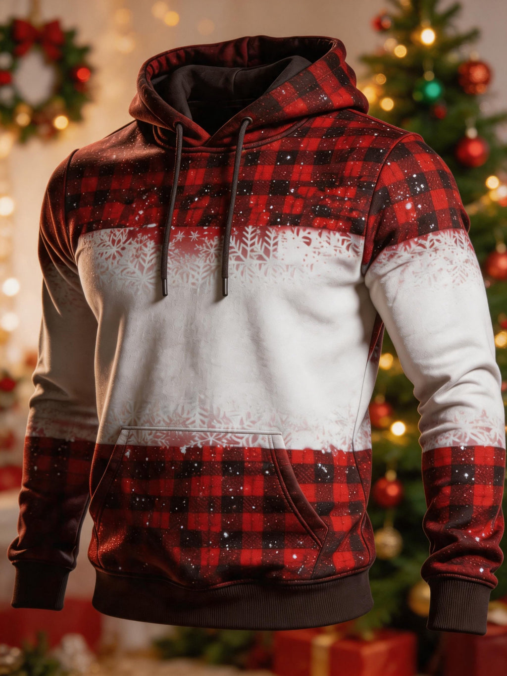 Men's Christmas Color-Block Print Hooded Sweatshirt