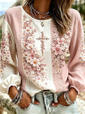 Women'S Casual Floral  Faith Print Cotton Linen Top