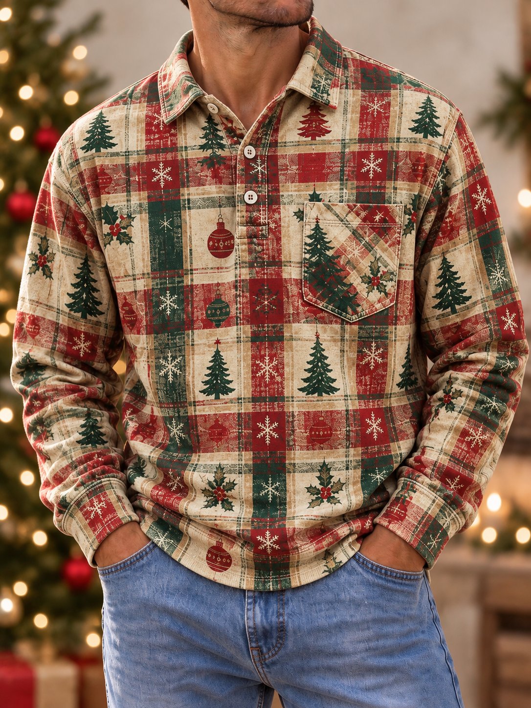 Men's Christmas-Print Casual Pocket Top