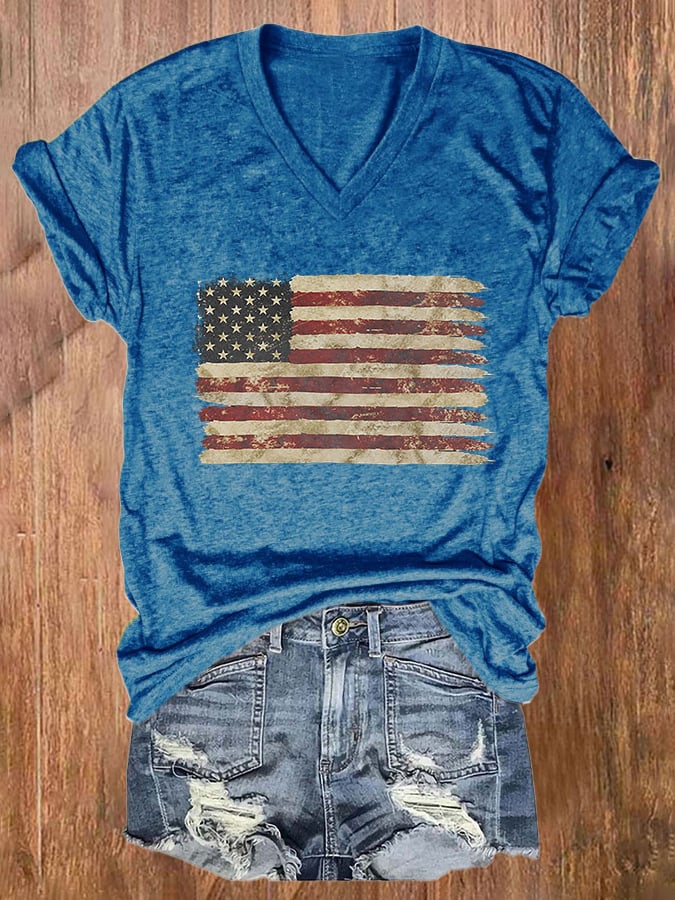 Women's Vintage Flag Print Casual V Neck T-shirt