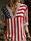 Women's Retro Independence Day Printed V-Neck Shirt