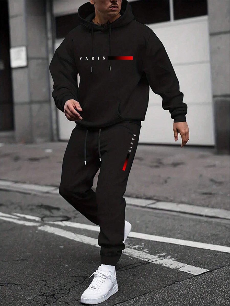 Men's Paris Letter Printed Hoodie and Drawstring Sweatpants Set Two-Piece Set