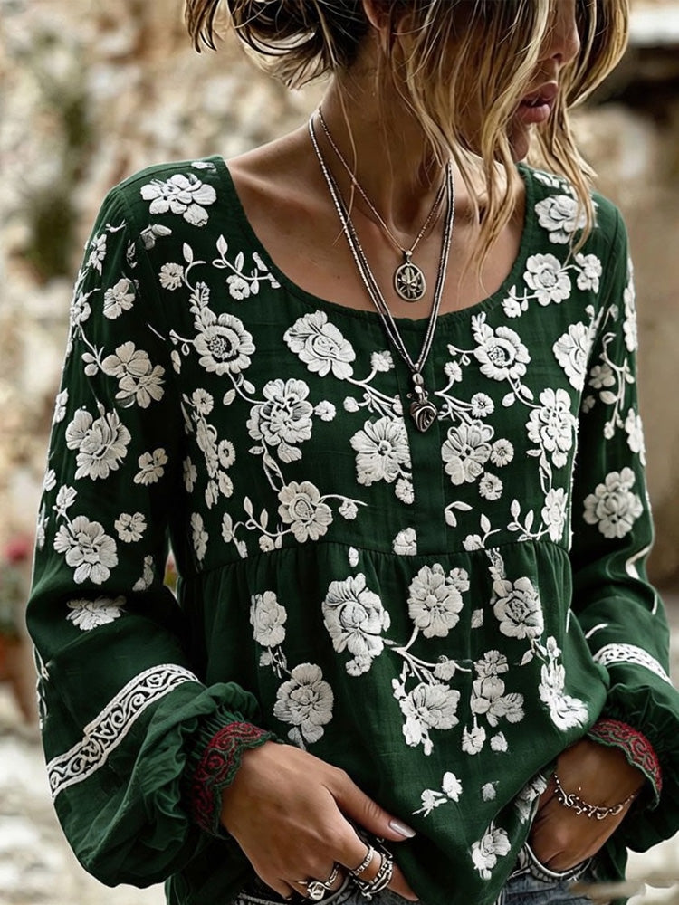 Women's Retro Bohemian Style Plant Embroidered Printed T-shirt
